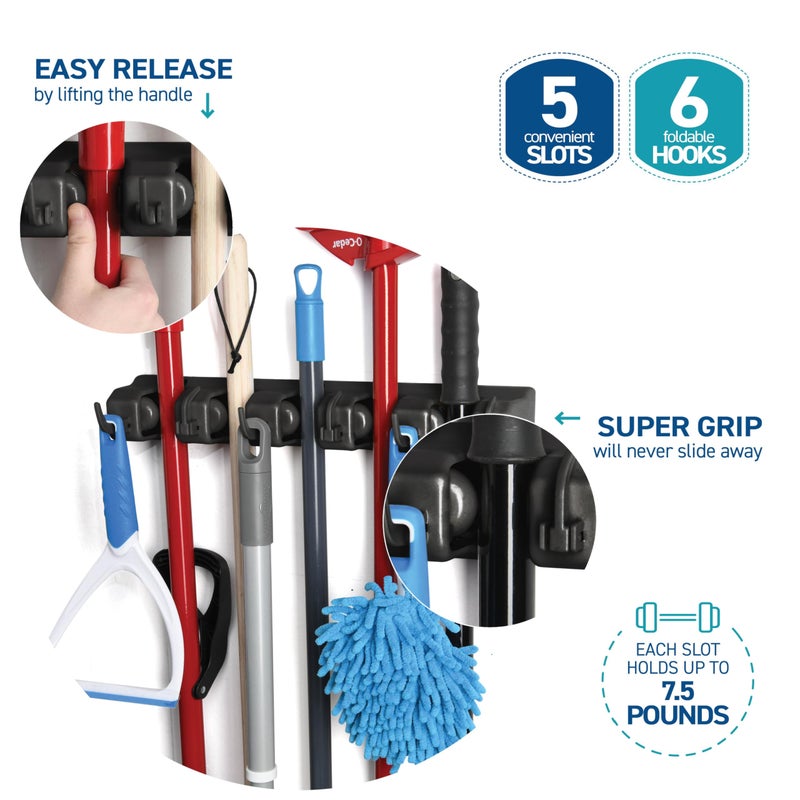 Home-it 2 Pack Mop and Broom Holder Wall Mount - Garage Storage Organizer with 5 Slots  6 Hooks  7.5lbs Capacity Per Slot - Home  Kitchen  Closet  Laundry Room Organization - Black Broom Hanger - Image 5